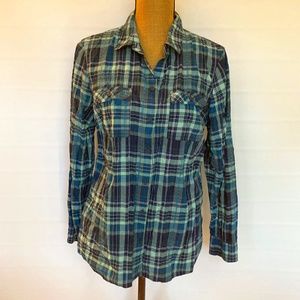 Eddie Bauer teal plaid shirt, great details, roll-up sleeves
